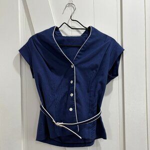 Handmade Cap Sleeve Women's Navy Blue Blouse with Belt
